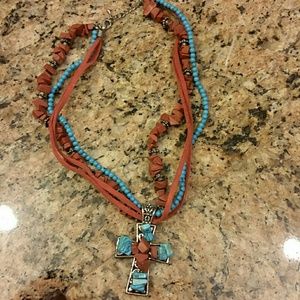 Turquoise and coral cross necklace